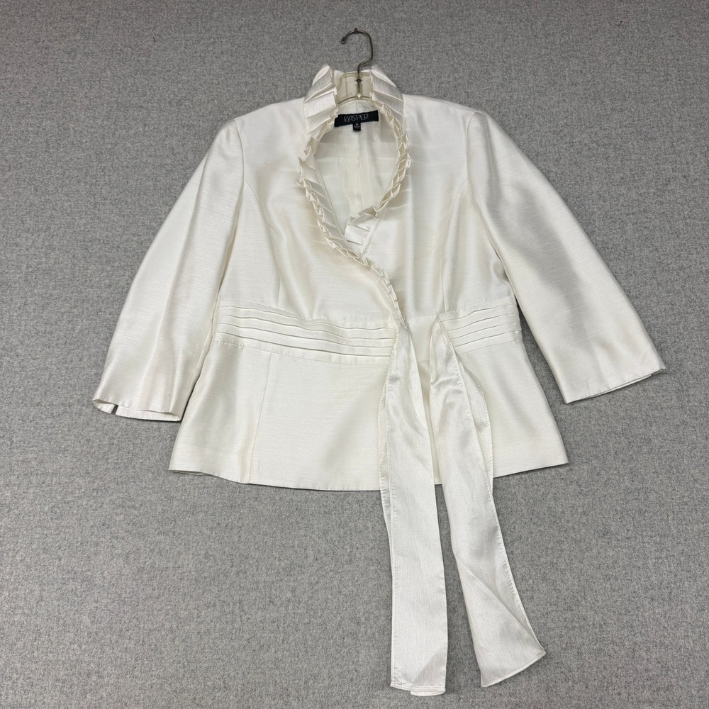 Kasper Blazer Jacket 10 Cream Ivory Ruffle Collar Side Tie Wrap 3/4 Sleeve Suit